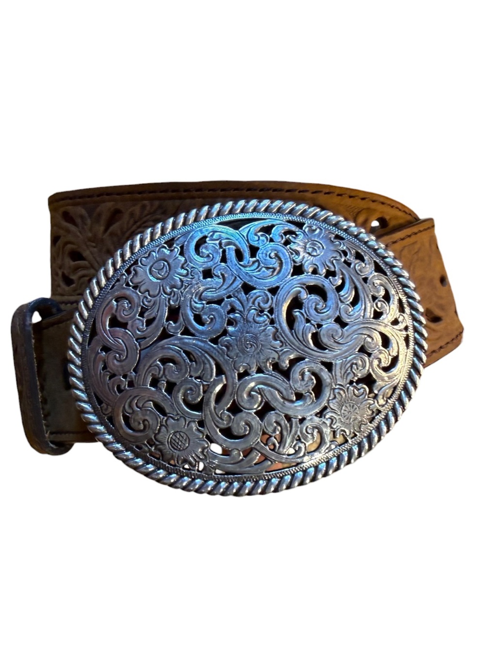 Tony Lama Size 26 Tooled Leather Belt with Filigree Silver-Tone Oval Buckle